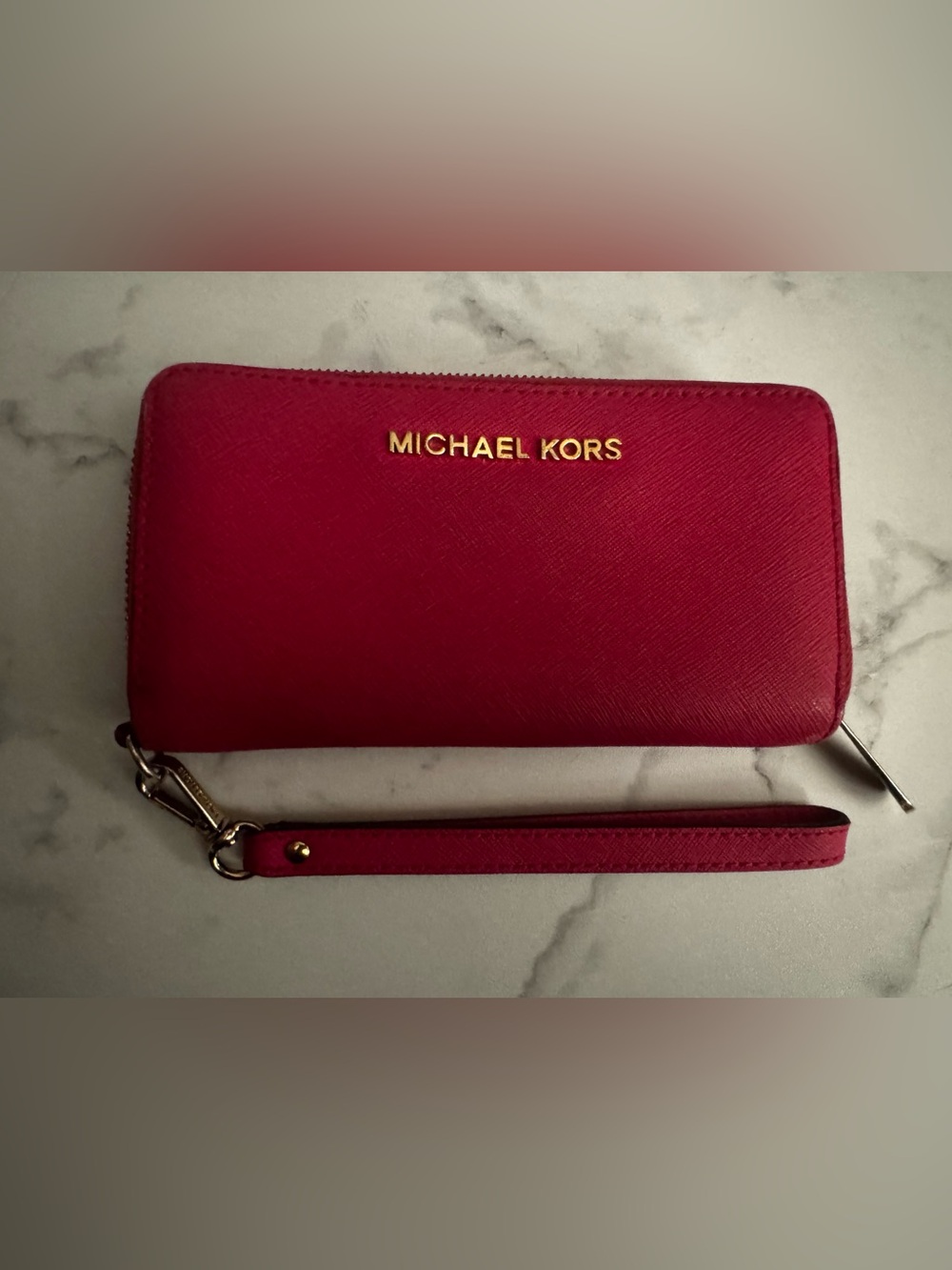 Michael Kors Jet Set continental zip around wallet scarlet red saffiano leather